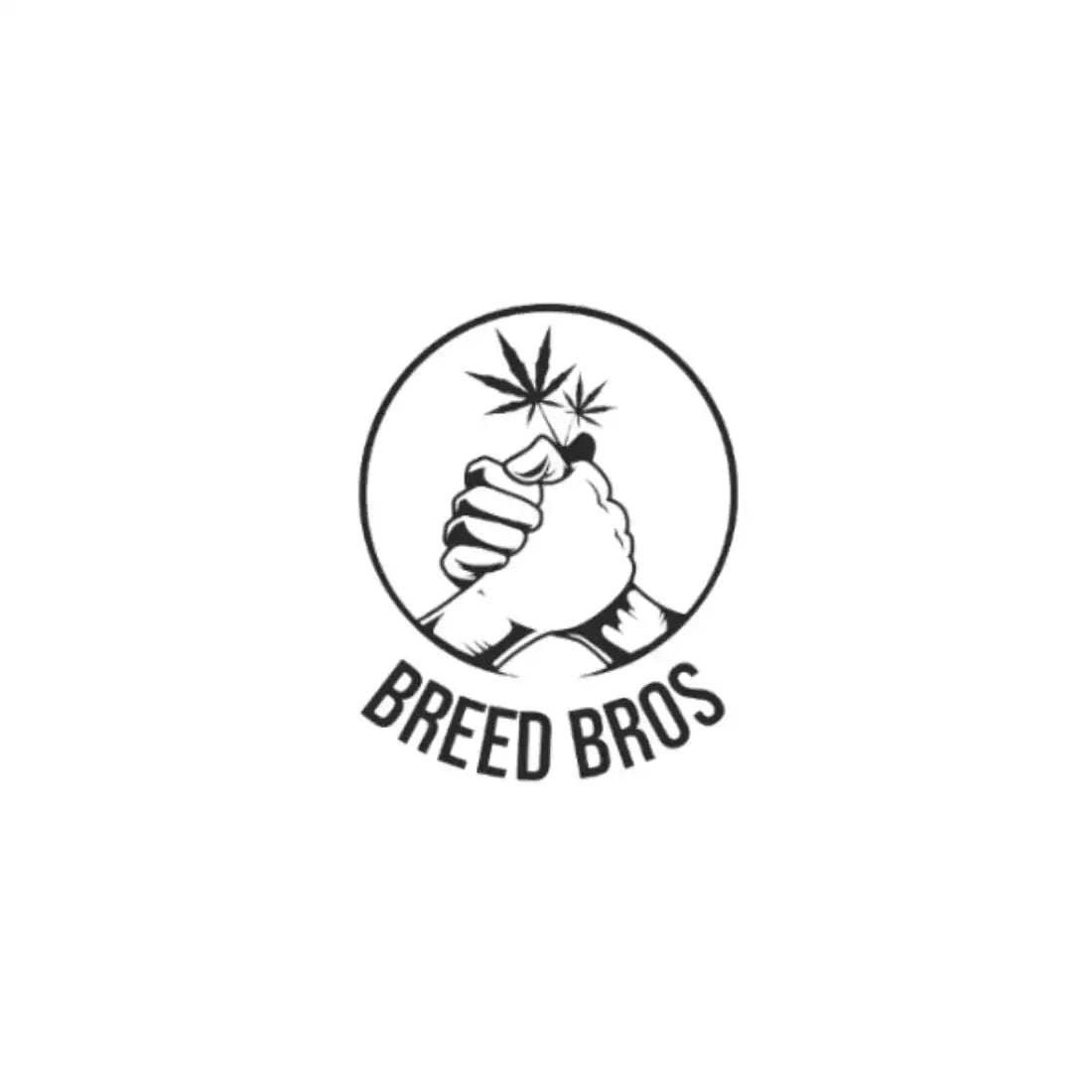A black and white logo showing two clasped hands with cannabis leaves above them and text reading ’BREED BROS’ below.