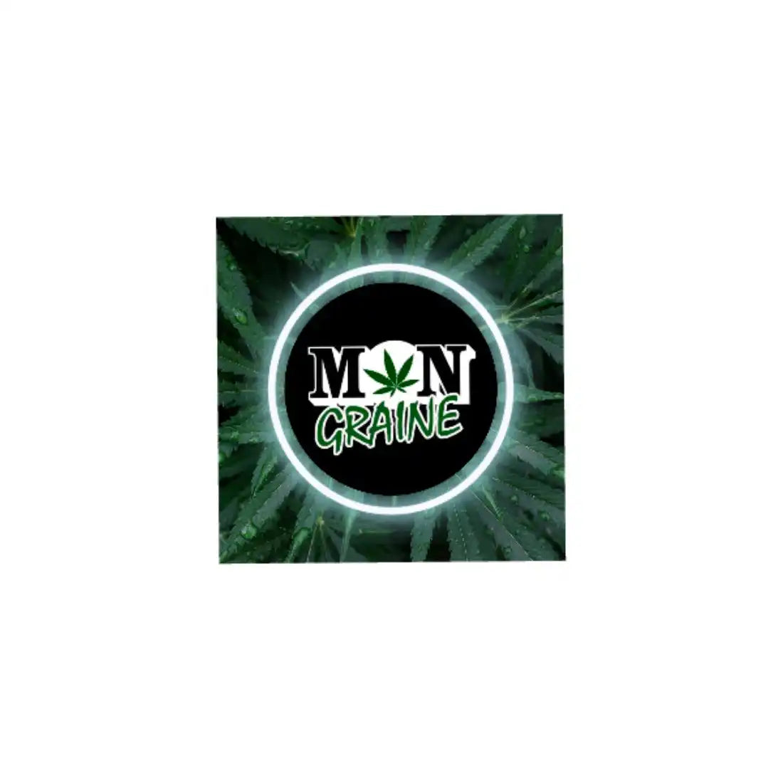 Circular neon logo design with ’MON GRAINE’ text and a cannabis leaf symbol.
