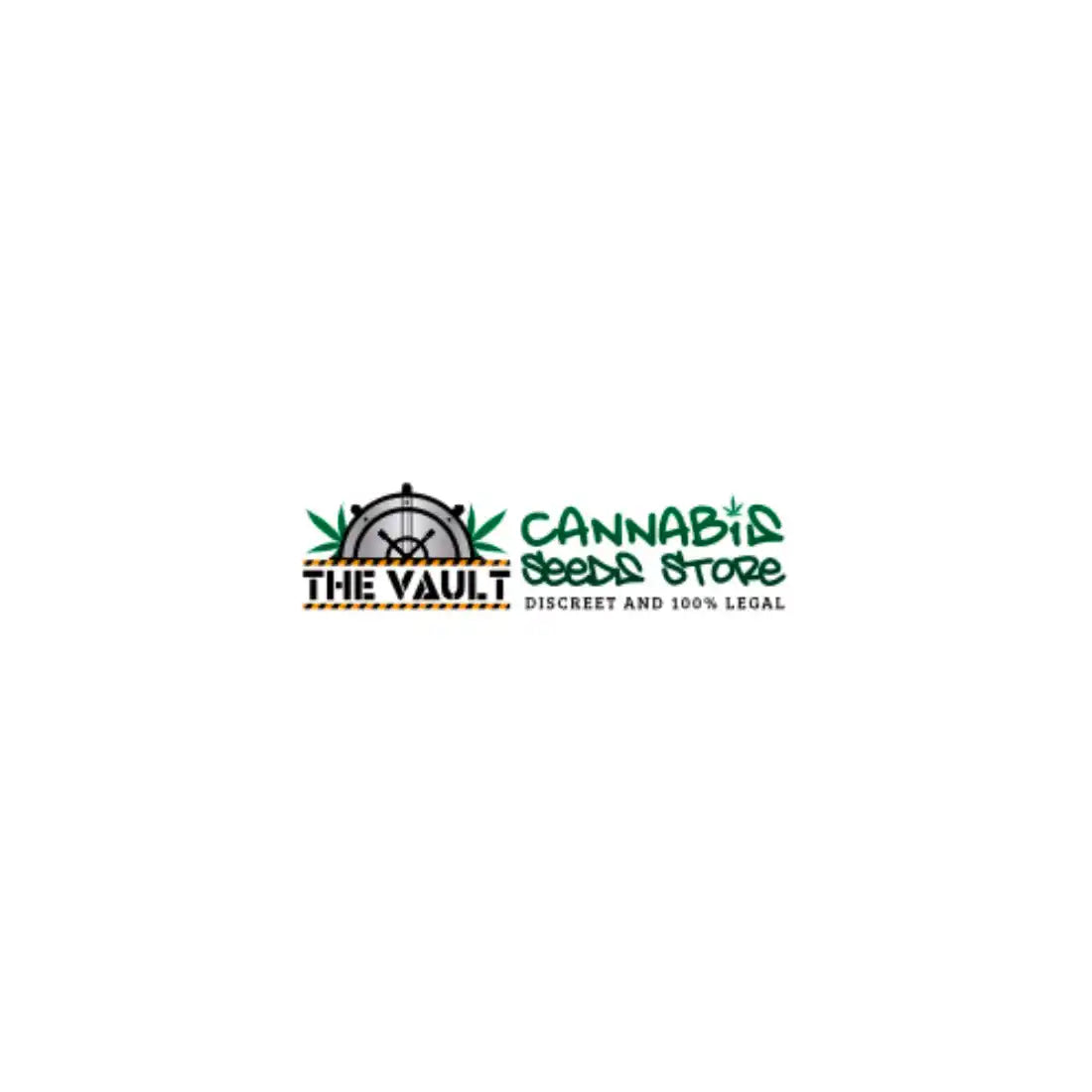 Logo for ’The Vault Cannabis Seeds Store’ featuring a vault door design and green text.