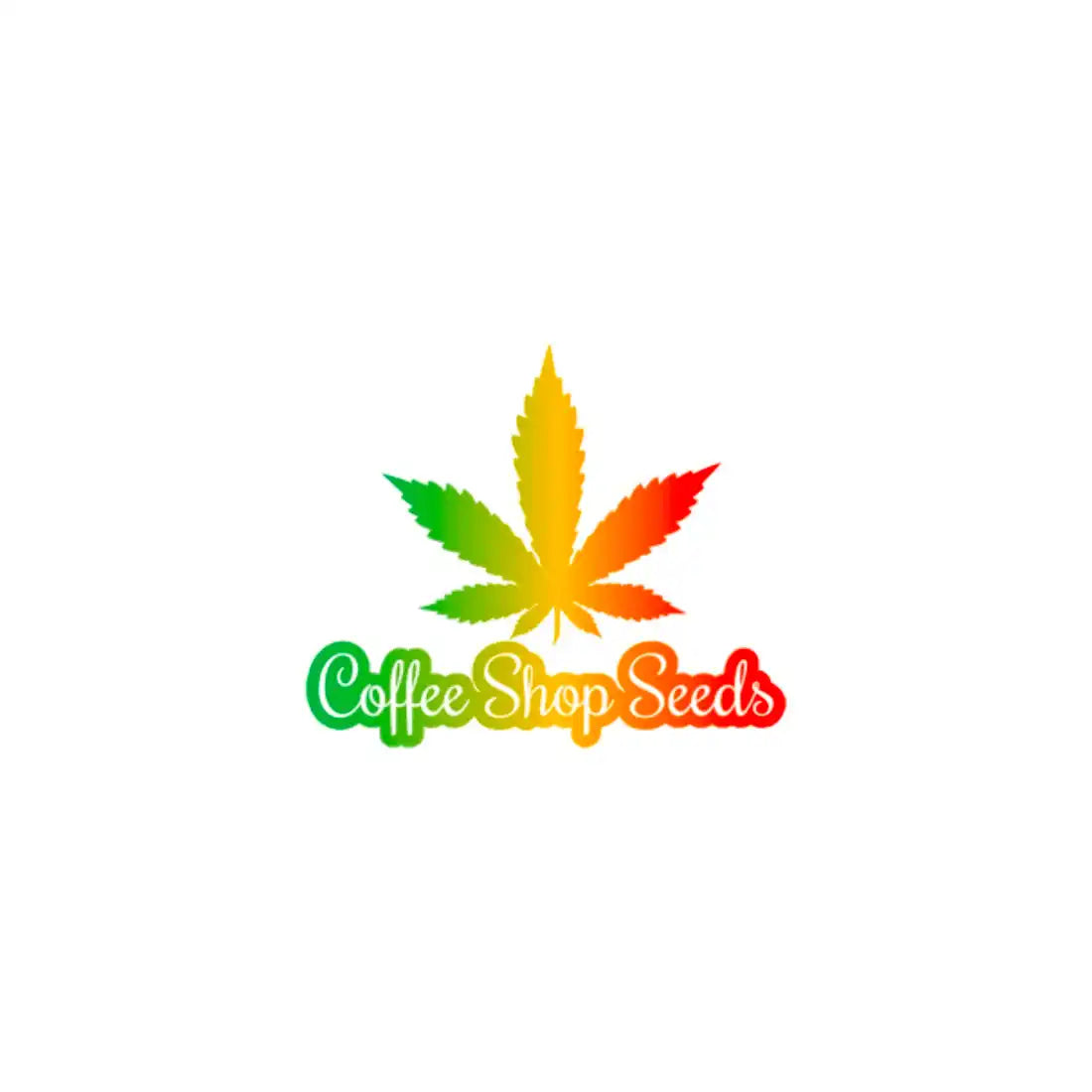Rasta-colored cannabis leaf logo with ’Coffee Shop Seeds’ text beneath it.