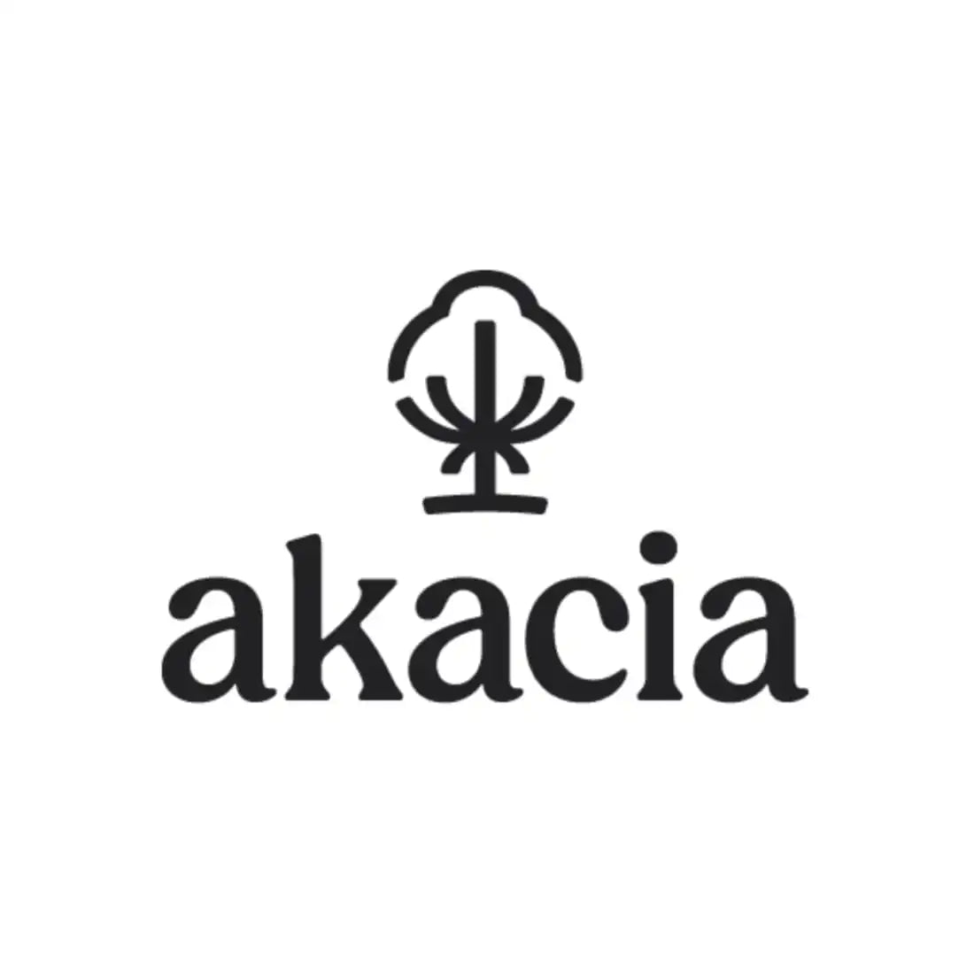Simple black logo featuring the word ’akacia’ with a minimalist tree icon above it.