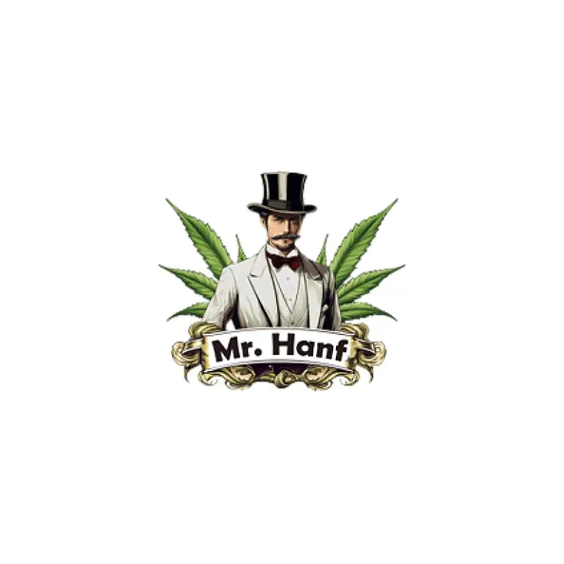 A vintage-style logo featuring a gentleman in a top hat and bow tie with cannabis leaves behind him and ’Mr. Hanf’ text on a banner.